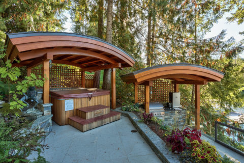 Timber gazebo at Glorious Gazebos, Sunshine Coast, BC. Timberwork by Kettle River Timberworks.