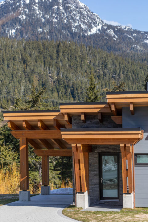 Guest suite timber detail at a timber frame home, Whistler, BC. Timberwork by Kettle River Timberworks.