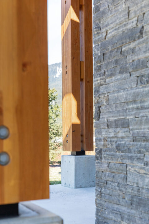 Guest suite timber detail at a timber frame home, Whistler, BC. Timberwork by Kettle River Timberworks.